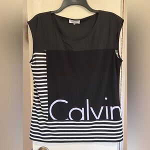 Womens Calvin Klein Sleeveless Blouse Pleat Neck Black White Stripe L